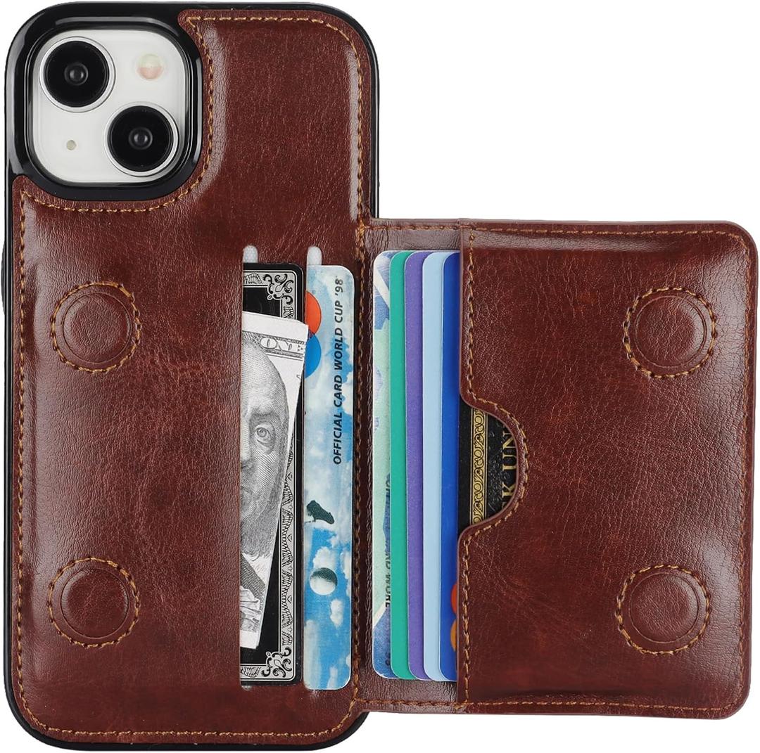 KIHUWEY Compatible with iPhone 15 Wallet Case Credit Card Holder, Premium Leather Kickstand Flip Hidden Magnetic Clasp Durable Shockproof Protective Cover for iPhone 15 6.1 inch (Brown)