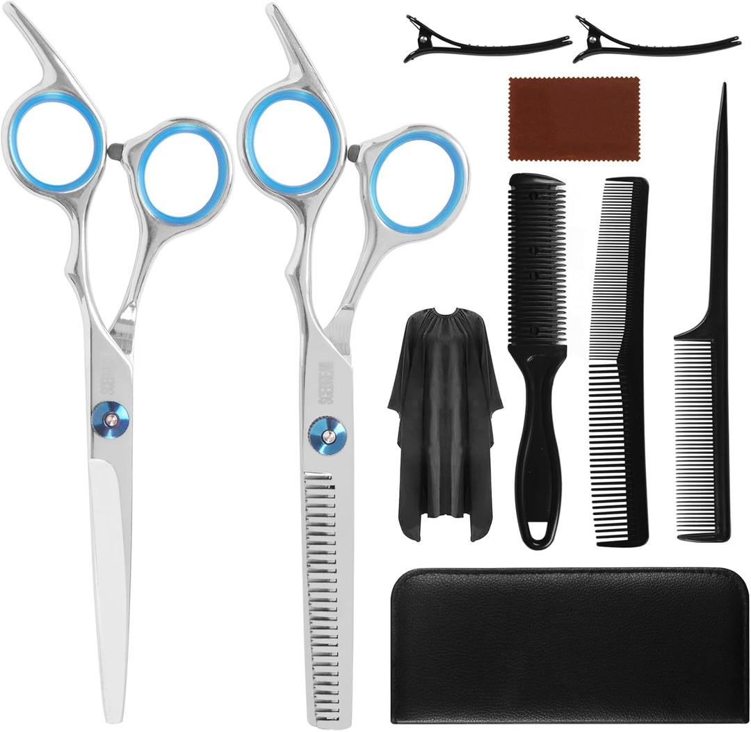 10-Piece Hair Cutting Scissors Kit - Professional Set with Thinning Scissors, Comb, Cape, Clips, Leather Bag for Barber, Salon, Home (Blue)