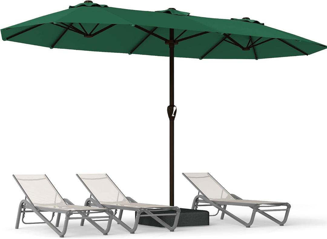 15FT Large Patio Umbrella with Base, Double Sided Rectangular Outdoor Umbrella with Sturdy Fiberglass Ribs, UPF 50+ Sun Protection, Wind-Resistant, Waterproof Fade-Resistant Fabric for Pool, Garden, Backyard, Deck (Dark Green)