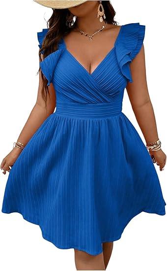 Floerns Women's Plus Size Wrap Front Sweetheart Neck Ruffle Cap Sleeve A Line Dress
,3XL