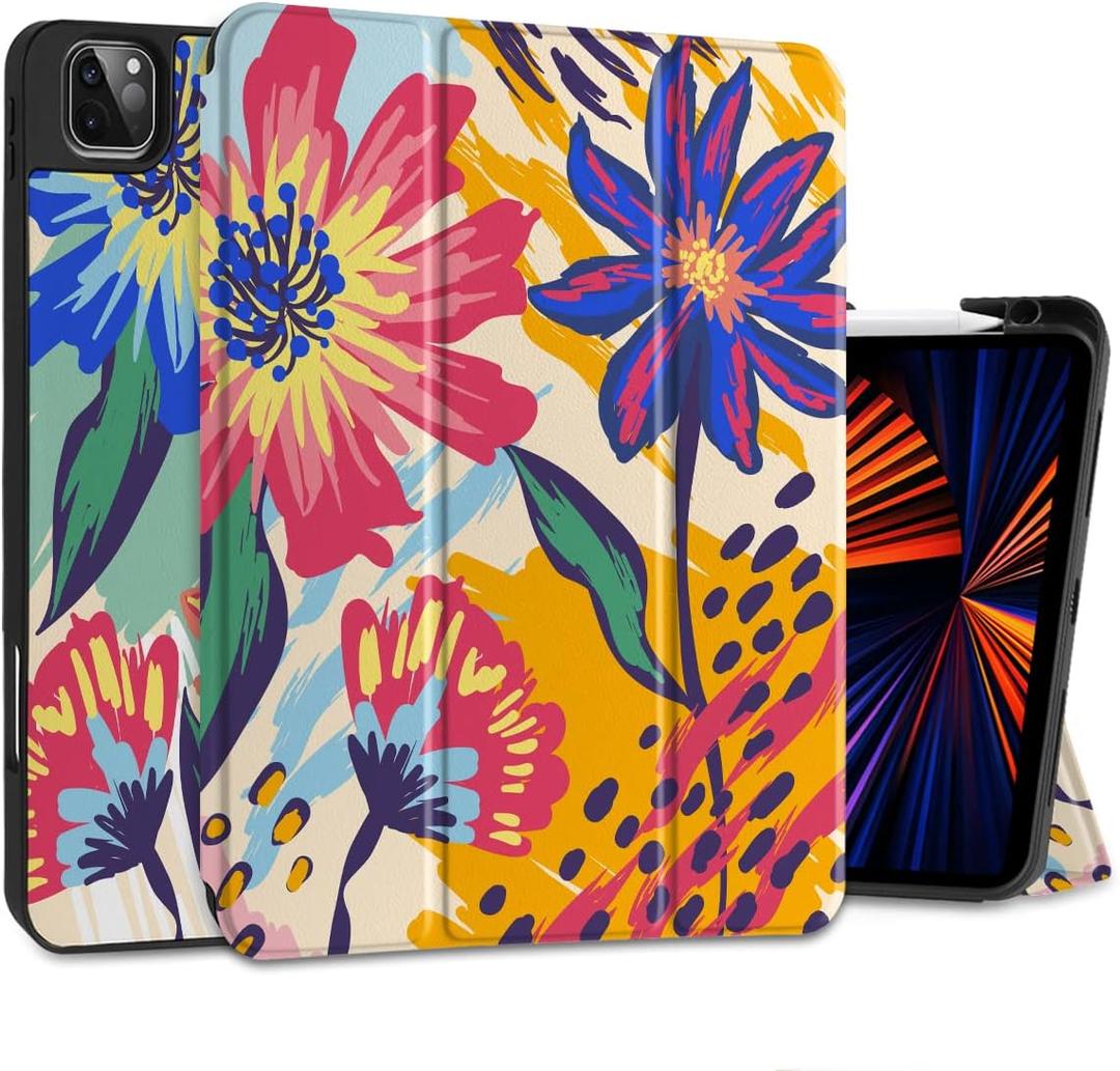 MEEgoodo for iPad Pro M2 12.9 Case 6th/5th/4th/3rd Generation 2022 2021 2020 2018 with Pencil Holder, Tablet Cover with Soft TPU Back Shell, Art Painted Flowers