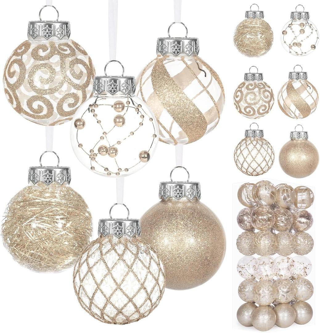 Ouddy Decor 36 Pcs Clear Christmas Ball Ornaments, 2.36" Shatterproof Champagne Plastic Christmas Ornaments Set Decorative Hanging Transparent Baubles for Xmas Tree Holiday Party Decor, Champagne