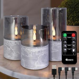 Rechargeable Marble Flameless CandlesGray Glass Marble Finish Pillar Candle with Remote &Timer, Decorative Candles for Living Room, Holiday Dcor& Gifts for Women.Set of 3