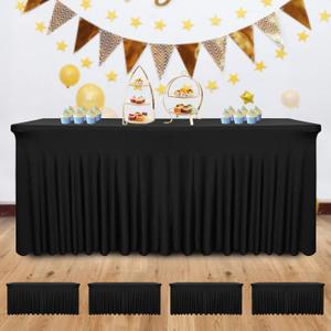 4 Pack - Black Spandex Table Skirt for 6ft Tables (72" L x 30" W x 30" H) | Stretch, Washable & Wrinkle-Resistant Fitted Cover | Banquet, Birthday Party Decor