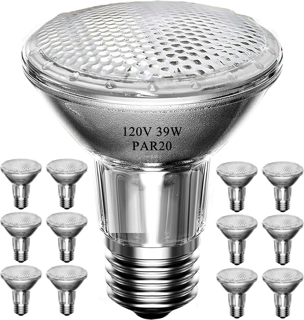 PAR20 39W Halogen Flood Light Bulbs 12PCS, 120V, E26 Medium Base, 2700K Warm White Dimmable for Indoor Spotlight, Range Hood Recessed Light Bulbs