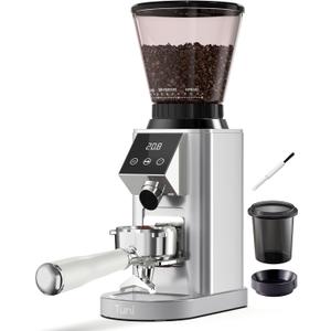 Tuni G1 Conical Burr Coffee Grinder, 48 Grind Settings Anti-static Burr Mill, Precision Electronic Timer and LED Touchscreen for Espresso/Drip/Cold Brew/French Press, Stainless Steel, Silver