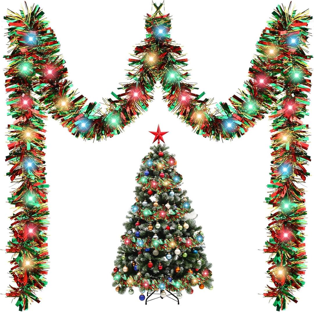 Kingdder 16.4 ft Christmas Tinsel Garland Lighted Metallic Twist Tree Decoration Prelit Battery Operated 50 LED Hanging Garland for Xmas New Year Home Outdoor Decor(Multicolor, Red and Green)