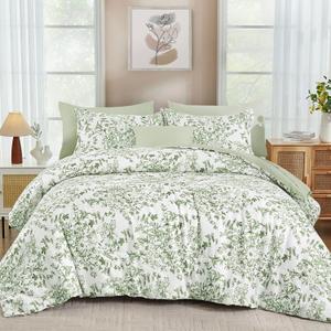 WONGS BEDDING 8 Pieces King Size Comforter Set Green,Sage Green Floral Bed in a Bag Comforter Sets, Soft Reversible Botanical Flowers Bedding Sets for All Season (90"x104")