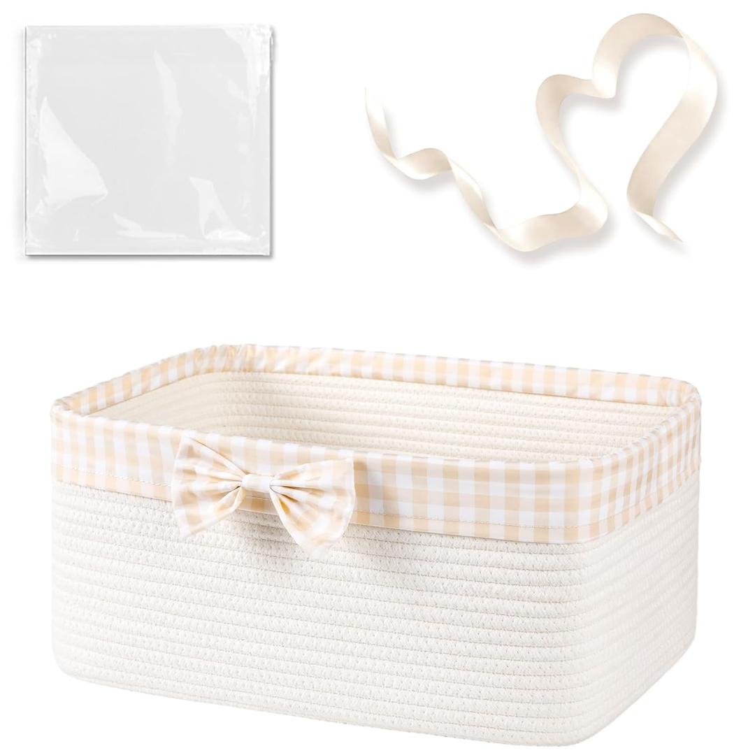 OIASKET Basket for Gifts Empty, Large Gift Basket 13L with Gift Bag and Ribbon, Woven Cotton Basket for Baby Showers, Birthday, Wedding, Mother's Day, 13.58"x10"x5.9", White and Cream