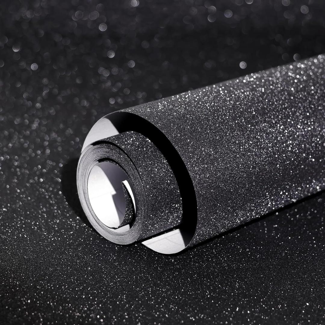 Amiya Black Glitter Vinyl Contact Paper 17.3"120" Self Adhesive Sparkly Stick and Peel Wallpaper Decorative Glittery Bling Wallpaper for Bedroom Living Room Walls