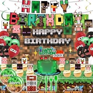 Pixel Theme Birthday Party Decorations Supplies Set: Happy Birthday Banner, Backdrop, Tablecloth,18 Balloons,6 Hanging Swirls, Cake & 24 Cupcake Toppers,10 Knives Forks Spoons & Plates,10 Gift Bags