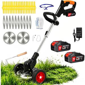 Cordless Weed Wacker Electric Weed Eater Battery Powered Lightweight Edger Portable Stringless Weed Trimmer,3-in-1 Grass Trimmer/Lawn Mower/Brush Cutter,with 3 Types Blades &Wheels for Yard and Garden