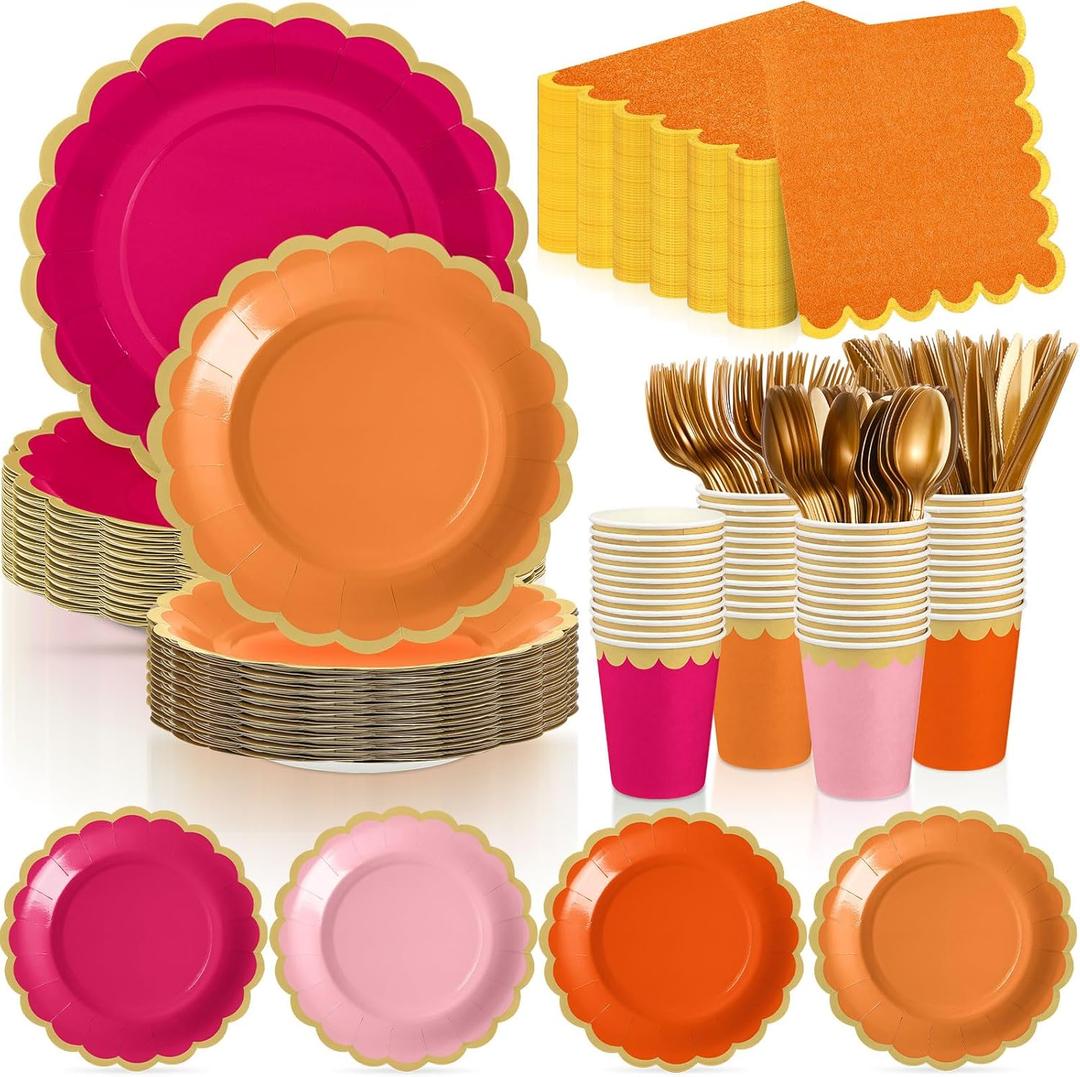 Mimorou 338 Pcs Pink and Orange Plates and Napkins Party Supplies for Guests Hot Pink Orange Tableware Include Scalloped Plates Paper Napkin Cup Spoon Fork Knife for Baby Shower, Wedding, Birthday