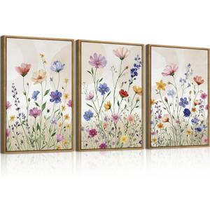 Large Colorful Daisy Wildflower Framed Canvas Wall Art Set,Watercolor Botanical Floral Green Leaf Wall Decor,Bright Spring Flower Artwork for Living Room,Bedroom,Farmhouse -16"x24"x3, 16L"x24W"