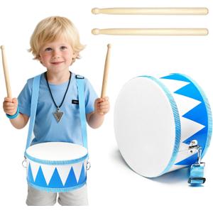 Kids Drum Set,8" Wooden Drum Toys with Adjustable Strap and 2 Drumsticks,Sensory Musical Instrument for Toddler Boys & Girls,Party Gift(Blue)