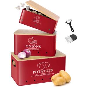 Kitchen Vegetable Storage Set of 3, Metal Onion Garlic Potato Storage Set, Kitchen Canisters Vegetable Keeper Containers with Aerating Holes and Wooden Lid (Red)