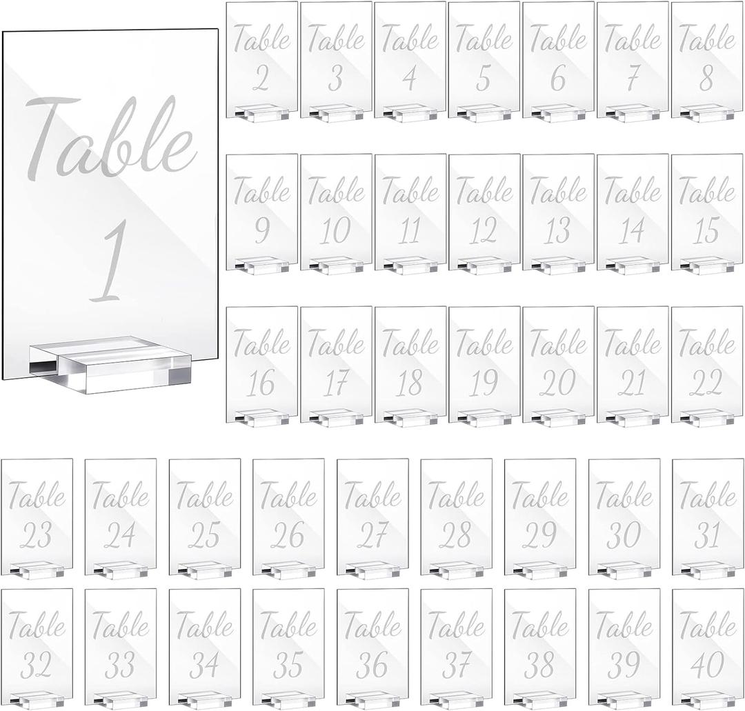Tuanse 40 Pack White 4 x 6 Inch Acrylic Wedding Table Number 1-40 Clear Wedding Table Stand with Numbers Calligraphy Table Number Holders Table Signs for Wedding Reception Centerpieces Decorations