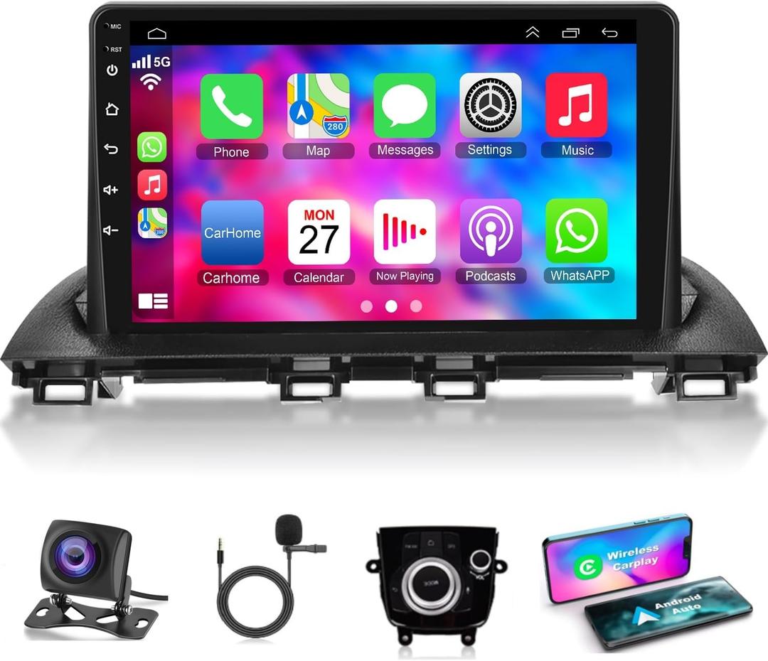 4G+64G Car Radio Stereo for Mazda 3 Axela 2014-2019, Wireless Carplay&Android Auto with Android 13 Support Bluetooth/Voice Control/GPS/WiFi/Back-up Camera/SWC/FM, 9 Inch IPS Touch Screen