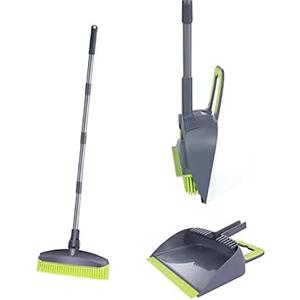 Adjustable Rubber Push Broom and Dustpan Set,Self Cleaning Indoor Outdoor Angle Brooms with Dust pan for Home,Long Handle for Floor Sweeping, Kids,Carpet Dog Cat Pets Offices Use