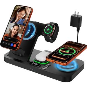 Dual Phone Magnetic Wireless Charging Station for Apple Devices/Apple Ecosystem, 7-Color Auto Light & 12H Clock, Multi-Device Charger for iPhone 17/16/15, for iWatch 11/10/9 & AirPods Pro3(Black