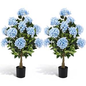 2 Pack 3ft Artificial Hydrangea Tree Faux Hydrangea Plant Indoor Outdoor Fake Flower Tree with Cement Base Pot Real to Touch Plant Decoration for Home Garden Office Housewarming Wedding(Pink)