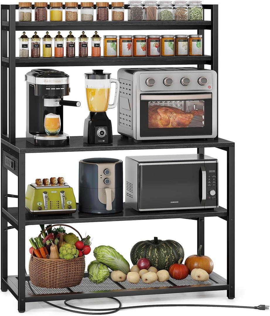 Denkee Large Bakers Rack with Power Outlets, 38 Inch Microwave Stand with Storage, 5-Tier Coffee Bar Stand, Industrial Kitchen Shelf Rack, Black