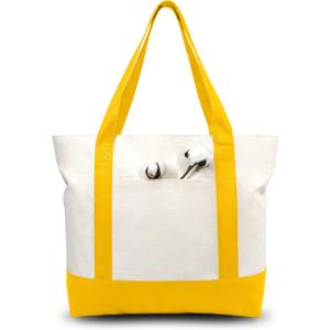 TOPDesign 1-Pack Canvas Tote Bag with an External Pocket, Reusable Grocery Shopping Bag, Top Zipper Closure, Daily Essentials (Yellow/Natural)