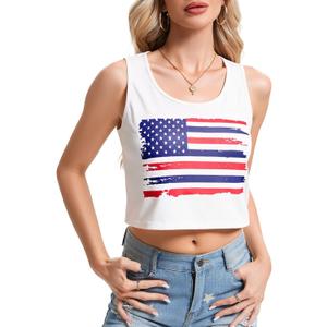 LEACOOLKEY Women's American Flag Crop Tank 4th of July Patriotic Sleeveless Tee Tops (Red)