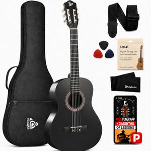 Pyle Classical Acoustic Guitar Kit, 3/4 Junior Size All Wood Instrument for Beginner Kids, Adults, 36" Glossy Black