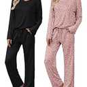 Ekouaer Womens 2 Pack Pajama Set Long Sleeve Pajamas Top and Pants V Neck Pjs Set Soft Loungewear with Pockets, Small