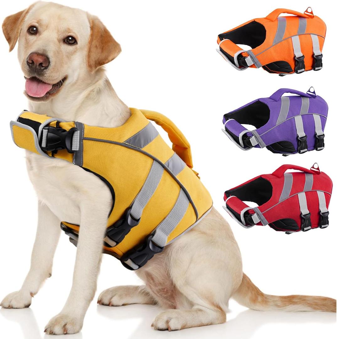 Kuoser Dog Life Jacket with Reflective Stripes, Dog Life Vest for Swimming Boating, Adjustable Pet Lifejackets with High Flotation, Doggie Swimsuit for Small Medium Large Dogs, S (Chest Girth:16.9-21.3'')