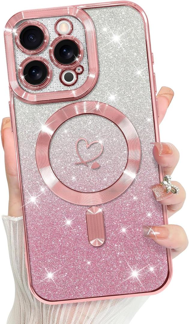 Bonoma Compatible with iPhone 16 Pro Max Case Support for MagSafe, Plating Heart Glitter Magnetic 2* Screen Protector TPU Camera Protection Back Cover for Girls Women -Pink