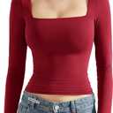 SUUKSESS Women Square Neck Long Sleeve Tops Double Lined Going Out T Shirts (Large, 07 Wine)