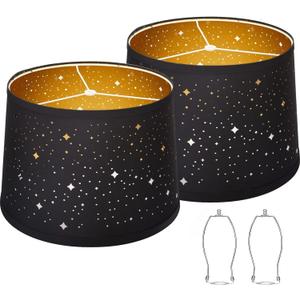 Black Drum Lampshades Set of 2 With Sky Stars Design, 11.6" x 12.6" x 9.8" for Table Lamp, Floor Lamp, Pendant Light - Easy Assembly Required