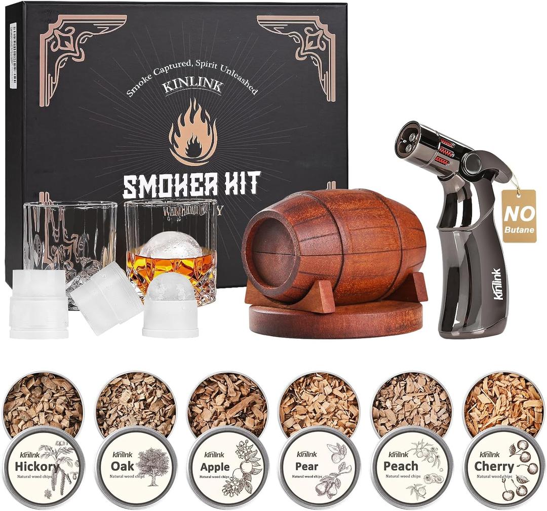Whiskey Smoker Kit with Torch - No Butane, 6 Flavors Wood Chips, 2 Whiskey Glasses, 2 Round Ice Cube Mold, Old Fashioned Smoker Kit Cocktail Smoker Drink Smoke, Anniversary Birthday Gifts for Men Dad