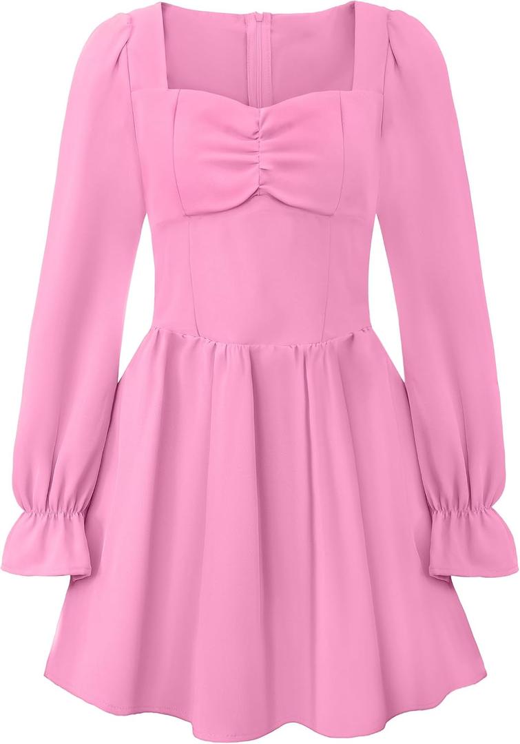 EXARUS Girls Long Sleeve Dress Tween Square/Sweetheart Neck Mini Ruched Short Formal Graduation Party Dance Dresses (Pink)
