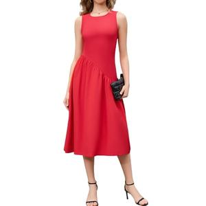 ZTC Elegant Summer Sleeveless Dress for Women, Casual A-line Midi Dress with Ruffle Hem, Perfect for Outdoor Cocktail Red M