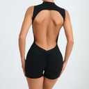 Litthing Women Short Jumpsuit Backless Scrunch Butt Workout Rompers V Back Yoga One Piece Unitards Sleeveless Gym Bodycon, M