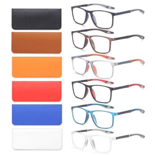 BLOEXCLU 6 Pack Reading Glasses for Men Sports Style Blue Light Blocking Readers with Spring Hinge Women Eyeglasses (Black & red & Brown & Orange & Blue & transparent, 1.5, x)