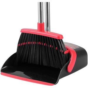 Broom and Dustpan Set, Broom Dustpan Combo Set for Home Commercial Cleaning Supplies Angle Broom with Long Handle Perfect for Courtyard Garage Street(Black and Red) (Black-Red, Big)