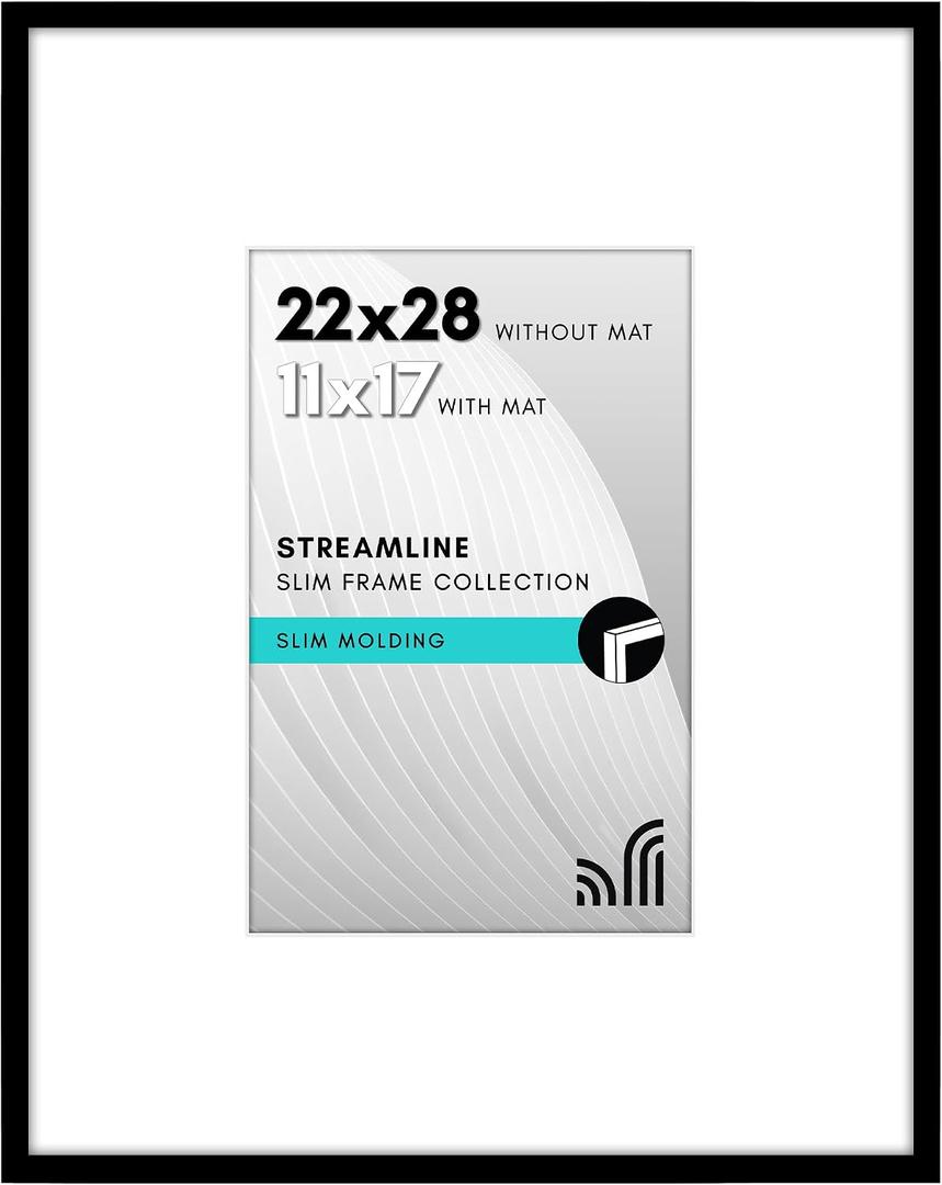 Americanflat 22x28 Poster Frame - Matted to 11x17 - Slim Molding - Black, 22x28 with 11x17 Mat