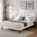 Full Bed Frame with Headboard, Bed Frame Full Size with Sturdy Wooden Slats Support, Platform Frame with Velvet Upholstered Headboard, Mattress Foundation, Easy Assembly, No Box Spring Needed Pink