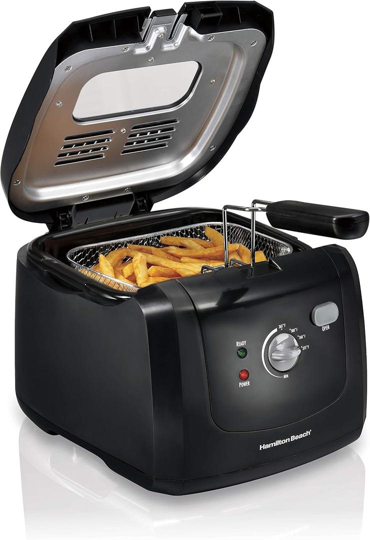 Hamilton Beach Cool Touch Electric Deep Fryer with Basket and Lid, 2 Liters / 8 Cups Oil Capacity, Adjustable Temperature, 1500 Watts for Fast Heat-up, viewing Window Easy to Clean, Black (35021)