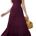 HipGlamp Womens Summer Casual Loose Plain Maxi Dress Backless Beach Tiered Spaghetti Strap Long Dress with Pockets ABurgundy X-Large