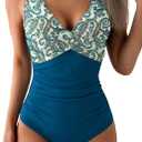 Eomenie Women's One Piece Swimsuits Tummy Control Ruched Push Up Bathing Suit Tie Back Slimming Swimwear (Large, Peacock Blue Print)