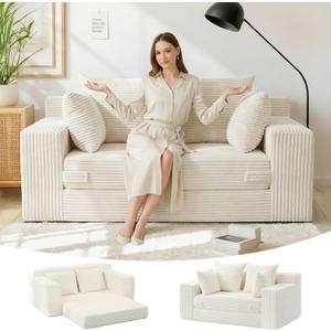 Boneless Loveseat Sleeper Sofa Bed, 3-in-1 Convertible Sofa Bed and Futon Couch with 4 Pillows, 55" Beige Boneless Couch for Living Room, Guest Room, Small Space, No Assembly Required, Corduroy