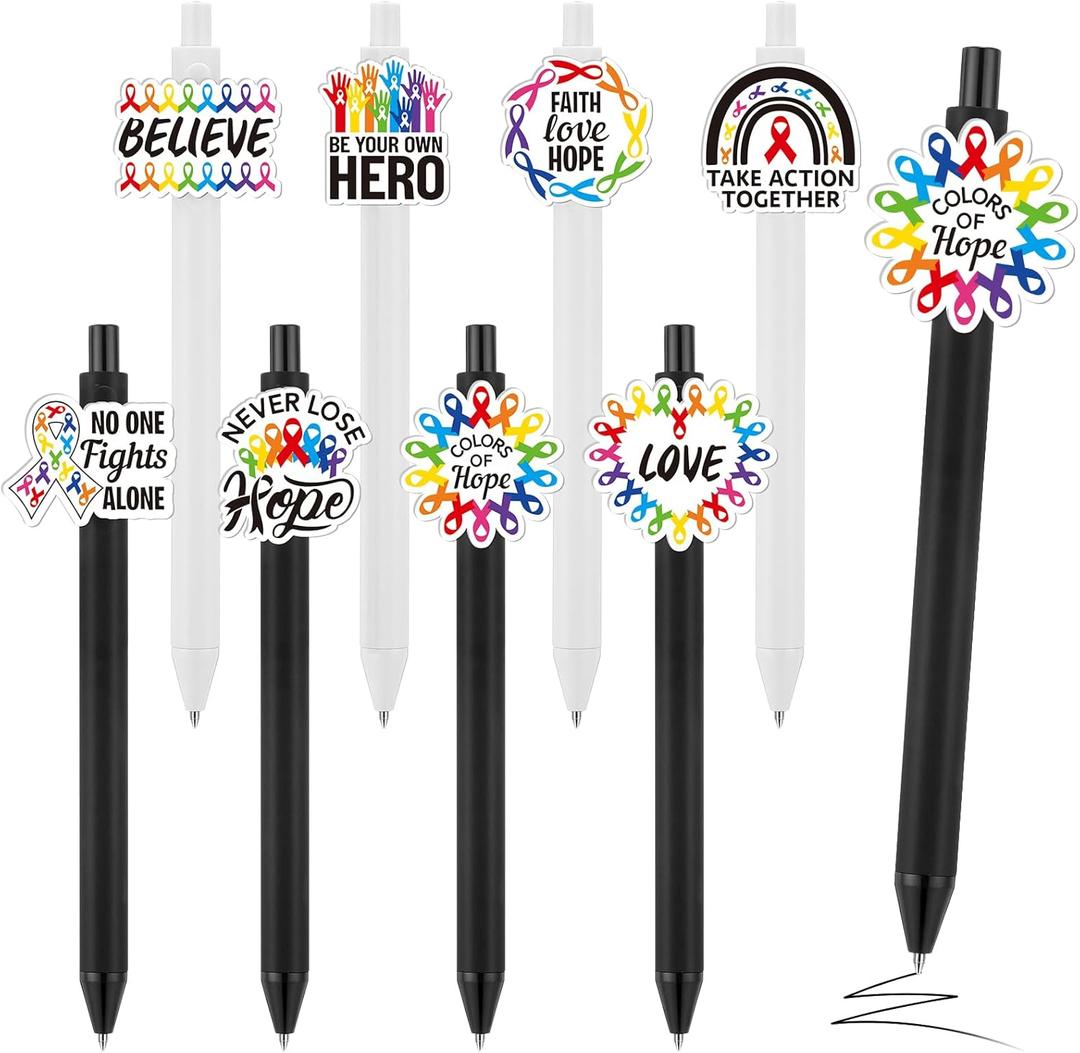 Epakh 24 Pcs Cancer Awareness Ballpoint Pens Colorful Ribbon White and Black Retractable Gel Pen Black Ink Cancer Awareness Items for Public Events Supplies