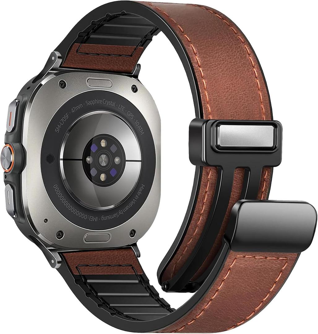 Magnetic Leather Watch Band Compatible with Samsung Galaxy Watch Ultra 47mm (2025/2024) Magnetic Buckle Design Adjustable Classic Wristbands Accessories Replacement Straps for Men and Women