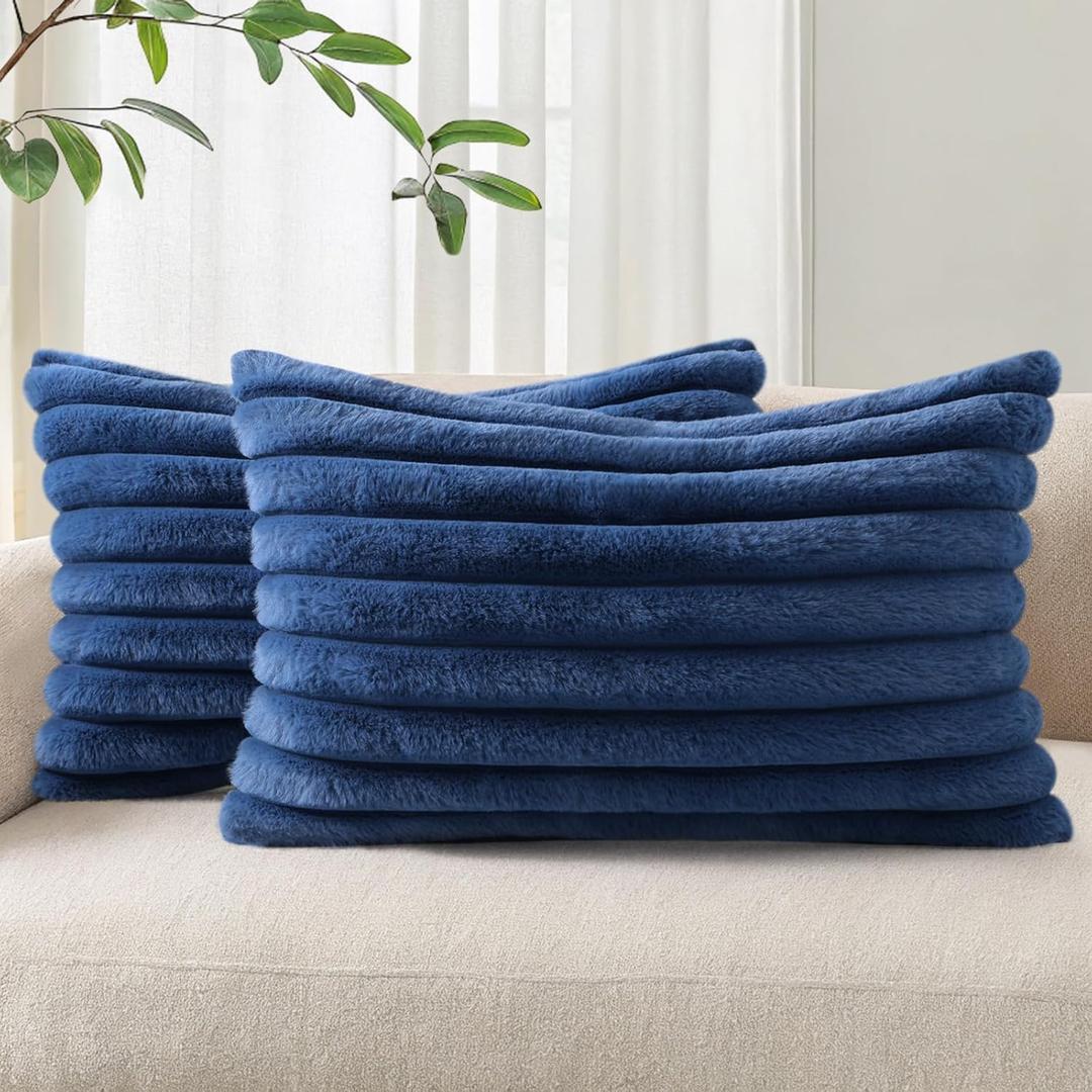 Faux Fur Plush Lumbar Throw Pillow Covers 12x20 Set of 2, Luxury Soft Fluffy Striped Decorative Pillow Covers for Sofa, Couch, Living Room, Navy Blue