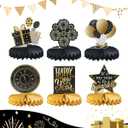6Pcs Hanging Honeycomb Round Paper Fans Decoration Set, Black Gold White Table Centerpieces for New Year Baby Shower Birthday Photo Booth Backdrops Anniversary Paper Party Supplies